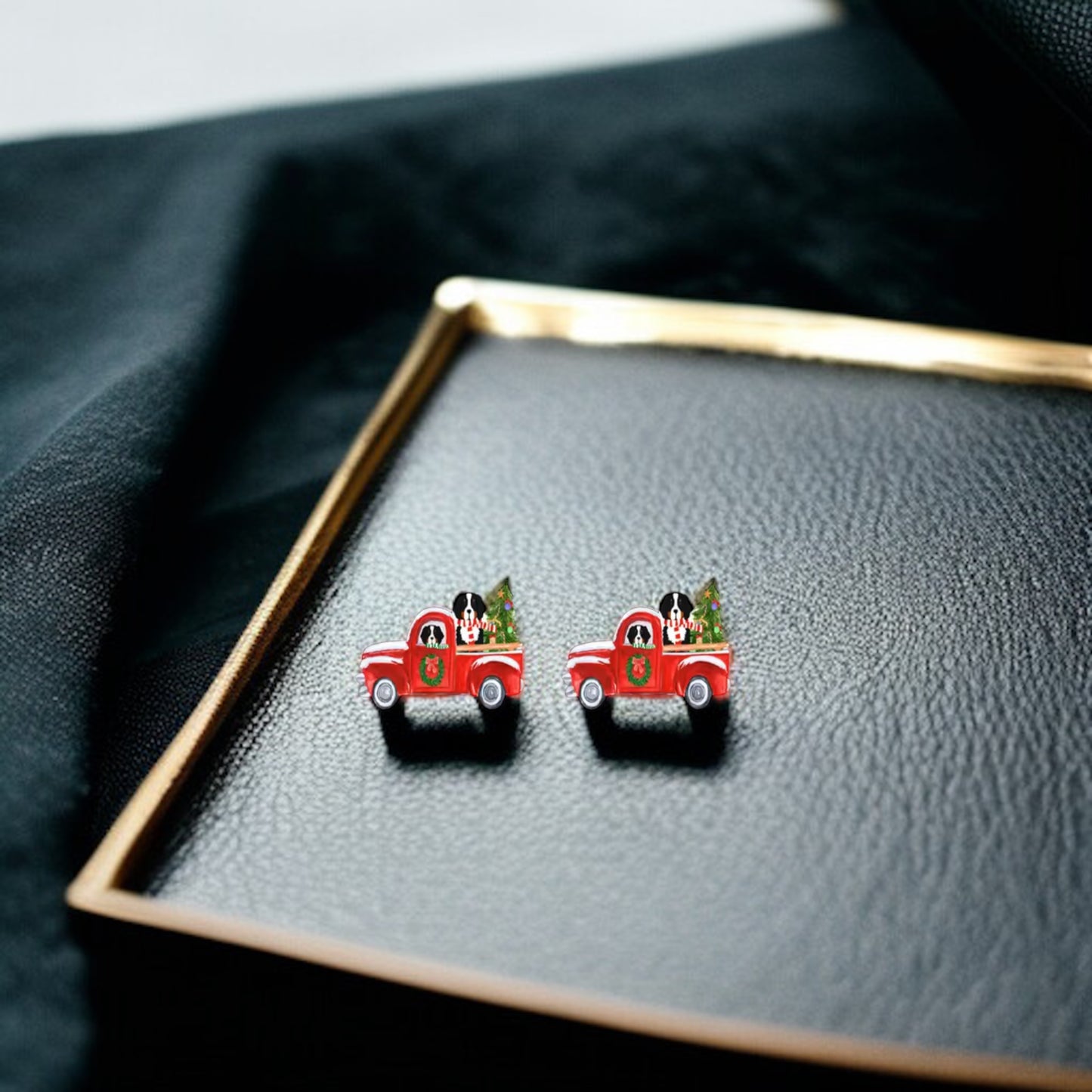 Jolly Pickup Truck Earrings: Holiday Cheer with a St. Bernard Twist!