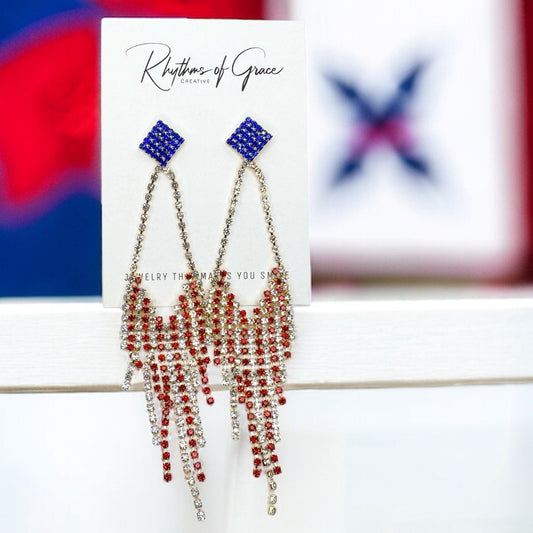 Sparkling Red White & Blue Rhinestone Dangle Earrings - Patriotic Glamour