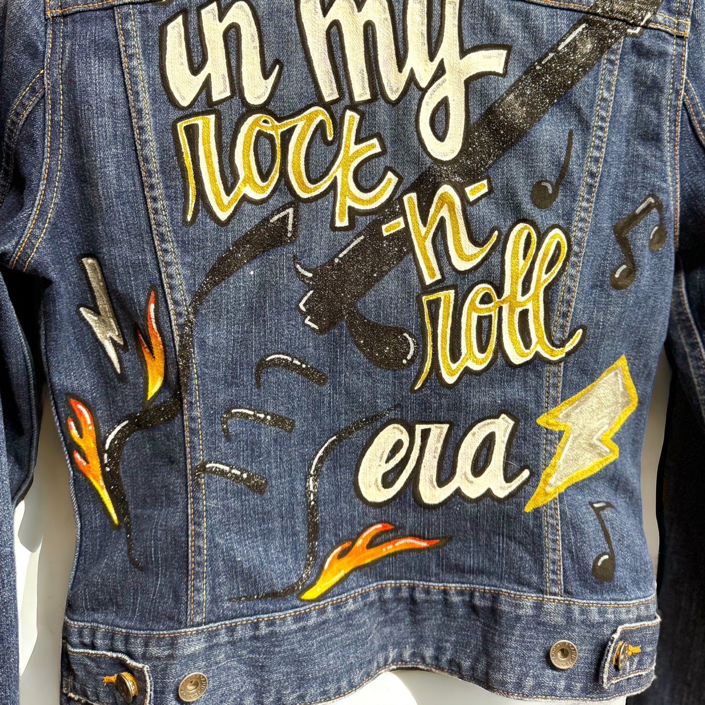 Hand Painted Jean Jacket: “In My Rock-n-Roll Era” - Eras Tour, Mardi Gras, Jazz Feat, New Orleans, Music Concert, Festival, Parade Outfit