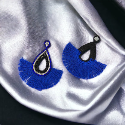 Blue and Black Earrings - Blue Accessories, Rhinestone Earrings, Blue and White Rhinestones, Fringe Earrings