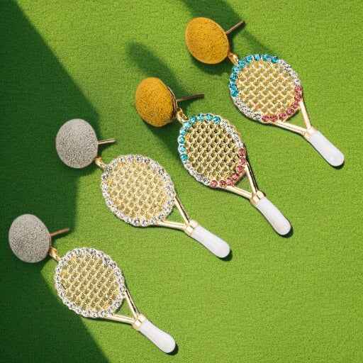 Sparkle on the Court with Our Rhinestone Tennis Racket Dangle Earrings! 🎾