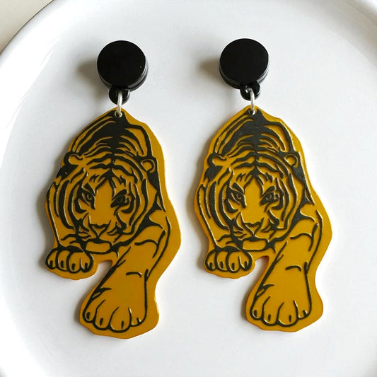 Fierce Tiger Earrings – Mirrored Acrylic Statement Dangles