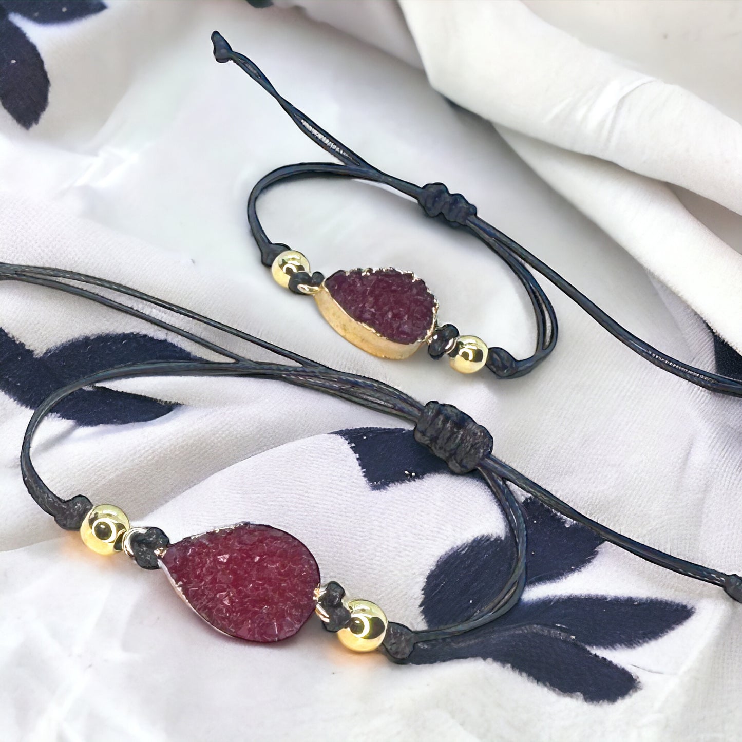 Black Leather Bracelet with Gold and Fuchsia Charm