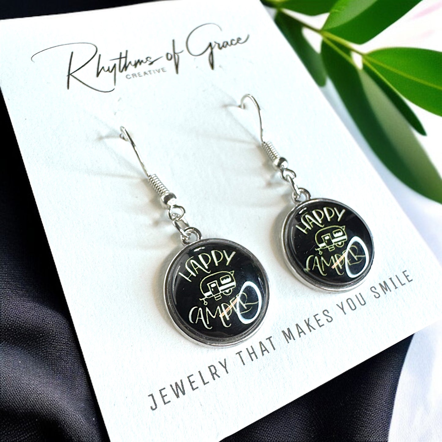 Embrace the Journey with "Happy Camper" Cabochon Dangle Earrings