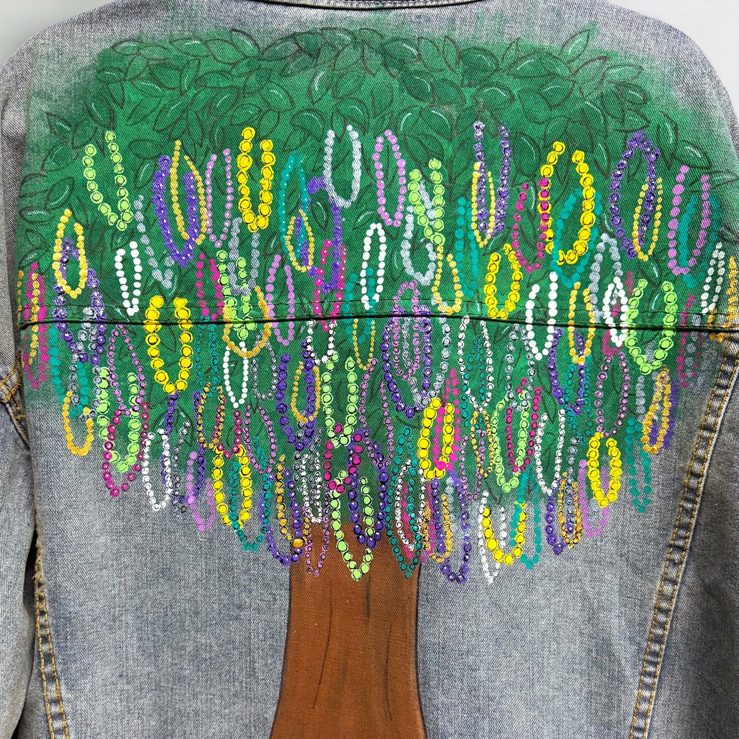 Hand Painted Jean Jacket: “Mardi Gras Bead Tree”
