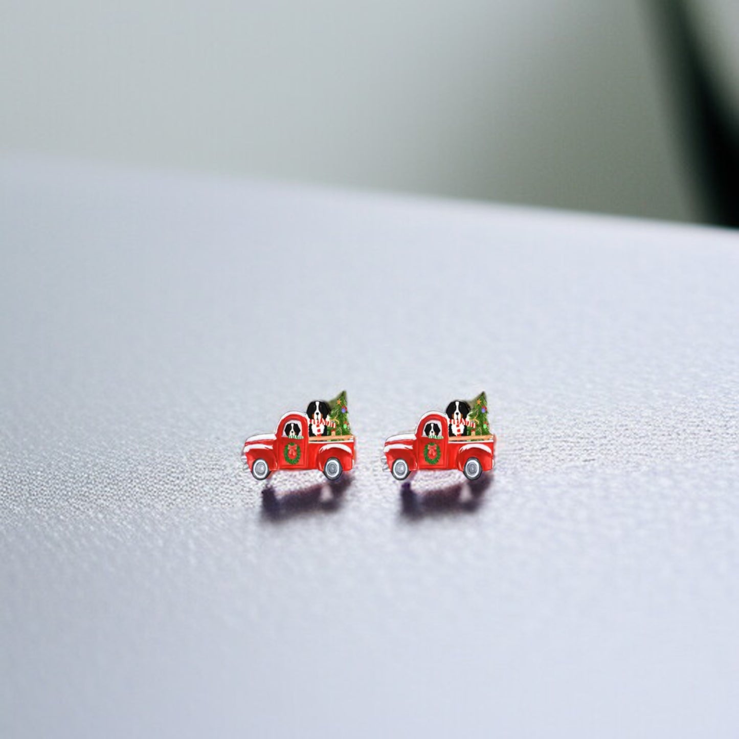 Jolly Pickup Truck Earrings: Holiday Cheer with a St. Bernard Twist!