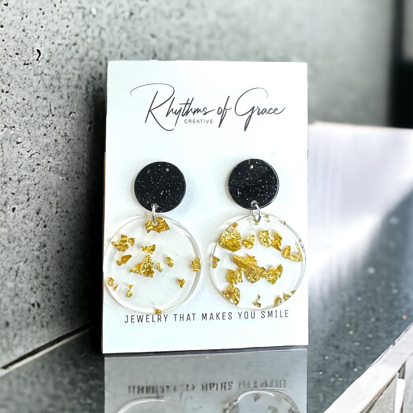 Elegant Gold and Black Acrylic Earrings with Gold Leaf Flecks - Stainless Steel Posts