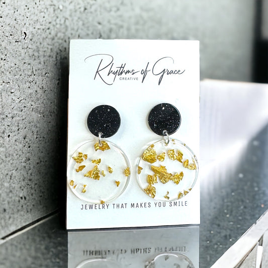 Elegant Gold and Black Acrylic Earrings with Gold Leaf Flecks - Stainless Steel Posts