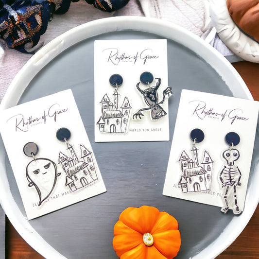 Halloween Earrings - Haunted House, Halloween Accessories , Ghost Earrings, Monster Earrings - Rhythms of Grace Creative