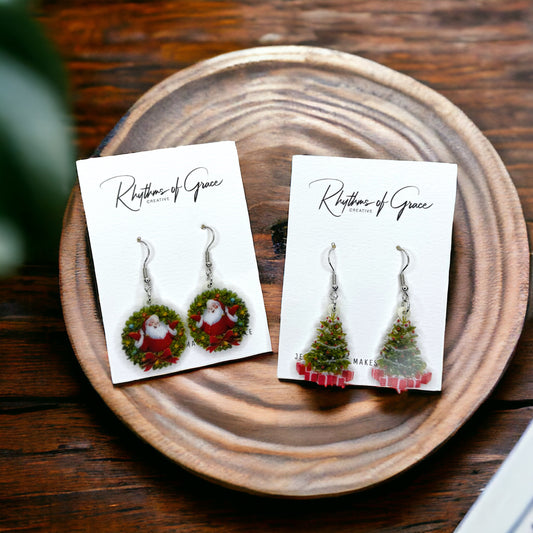 Santa Earrings - Santa Claus, Christmas Earrings, Rhinestone Santa, Christmas Jewelry, Black Santa, Christmas Jewelry, Handmade Earrings