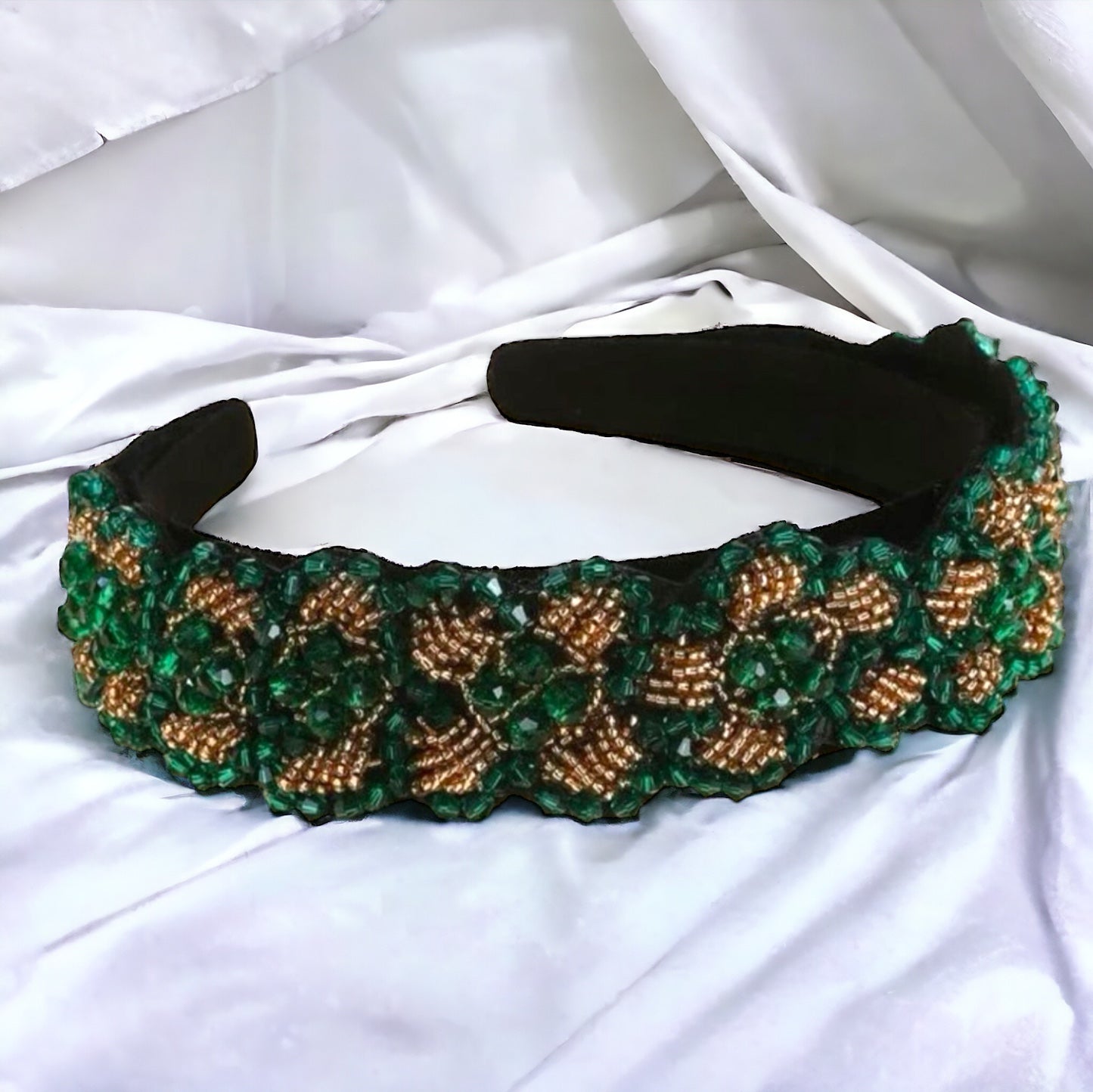 Beaded Green and Gold Headband - Handmade Headpiece, St. Patrick’s Day Headband, Holiday Headpiece, Beaded Headband