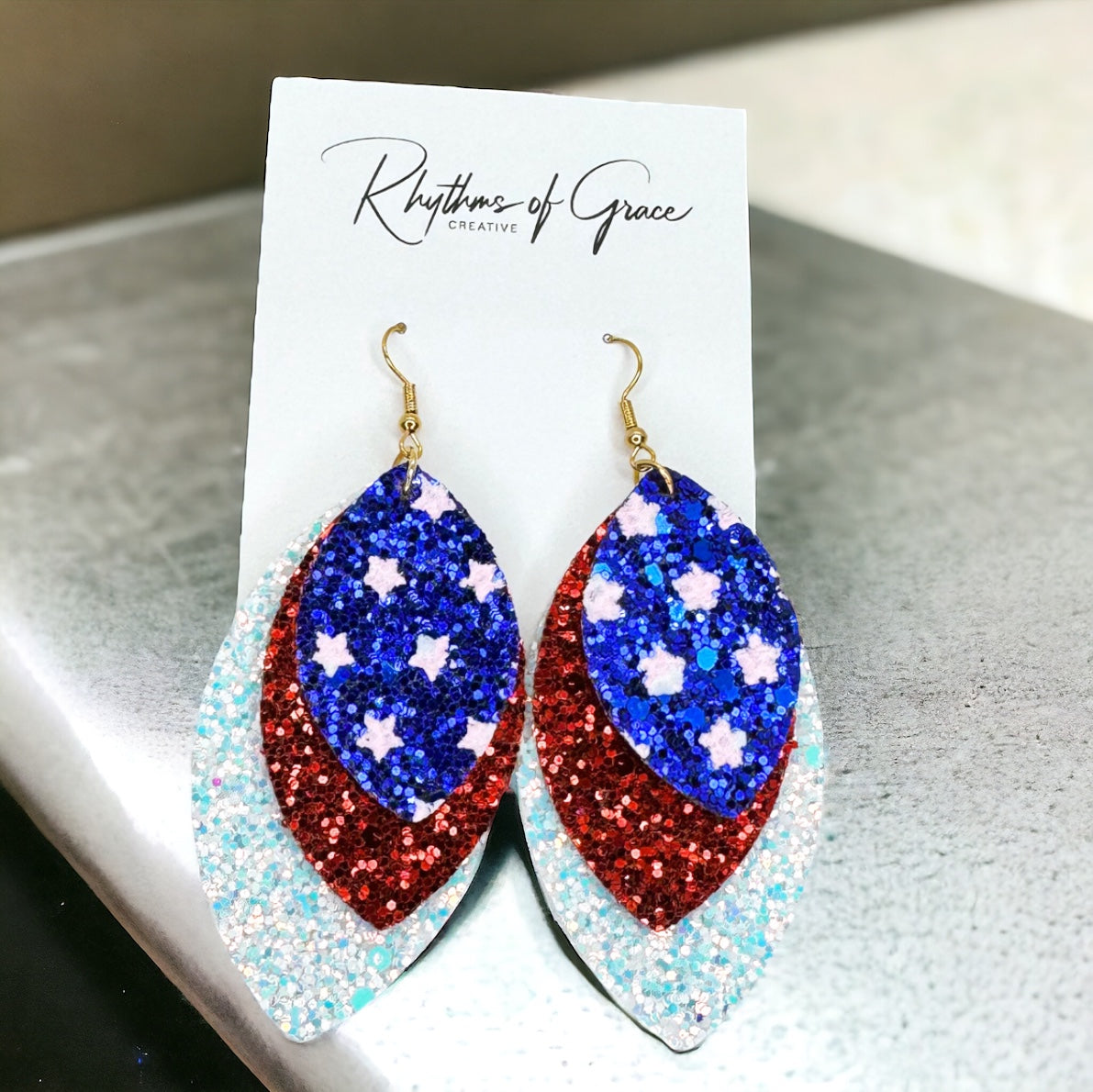 Patriotic Glitter Dangle Earrings - Triple Layer Sparkle