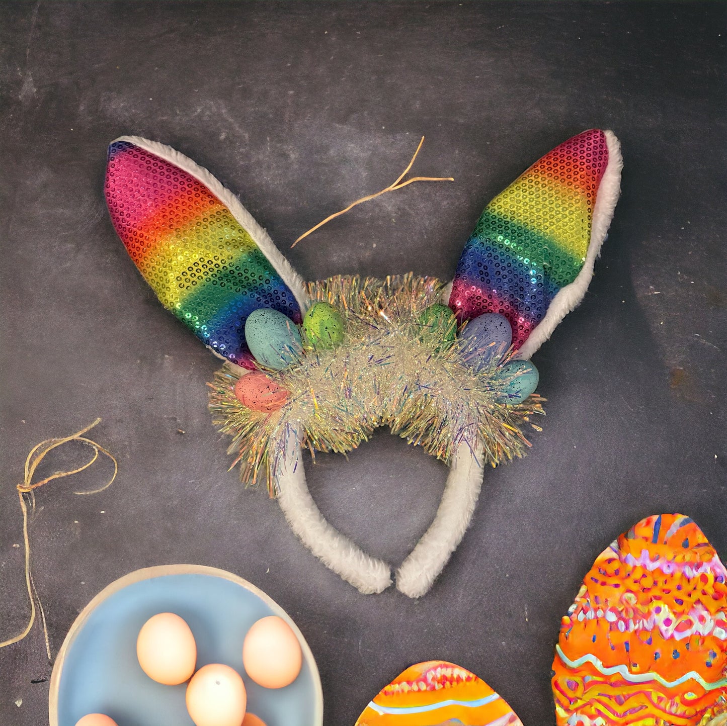 Rainbow Easter Bunny Ears - Rabbit Ears, Handmade Headpiece, Easter Headpiece, Feather Headband, Easter Headband