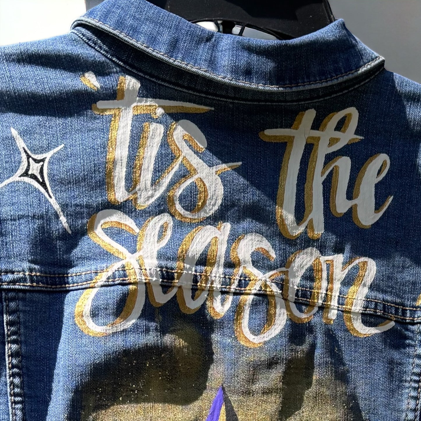 Hand-Painted Jean Jacket: ‘Tis the Season! | Perfect for LSU & Saints Fans | Fashionable Fitted Cropped Denim