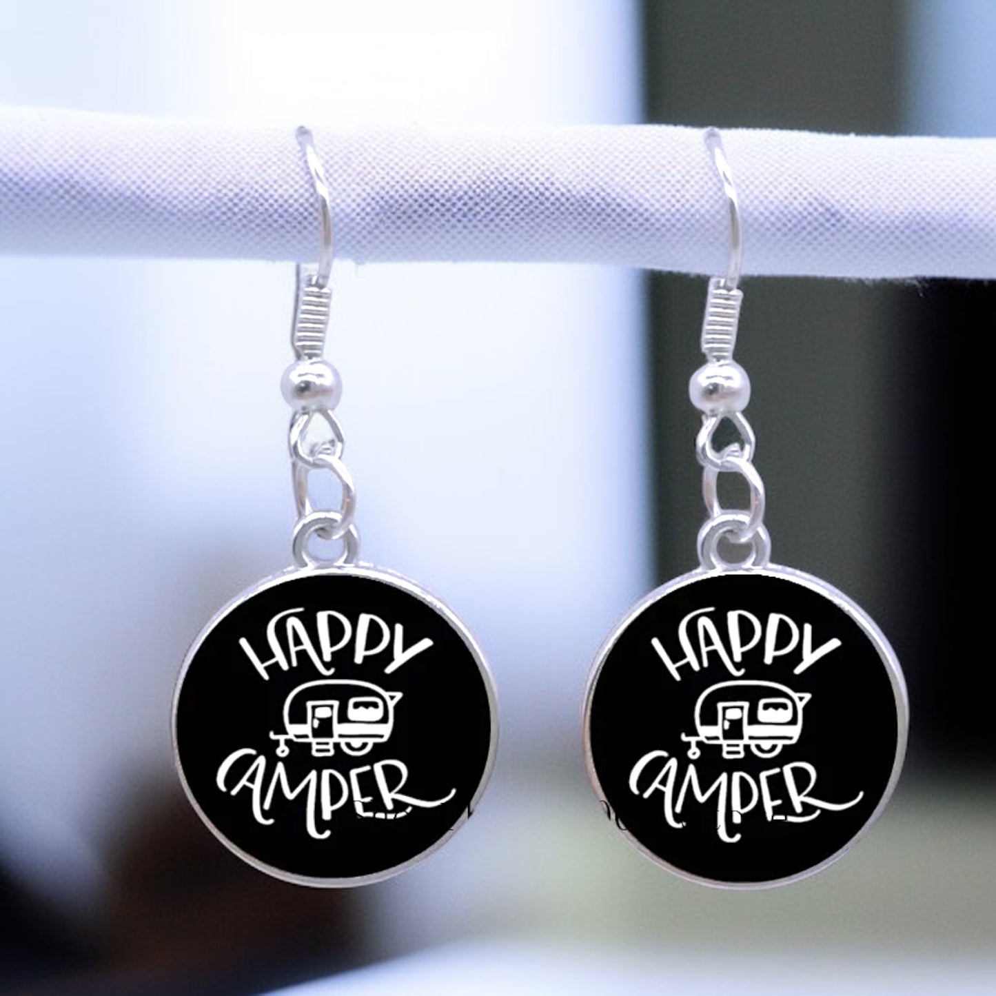 Embrace the Journey with "Happy Camper" Cabochon Dangle Earrings