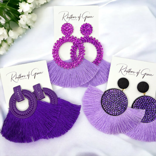 Purple Tassel Earrings - Purple Rhinestones, Rhinestone Accessories, Purple Earrings, Lavender Earrings; Purple Accessories