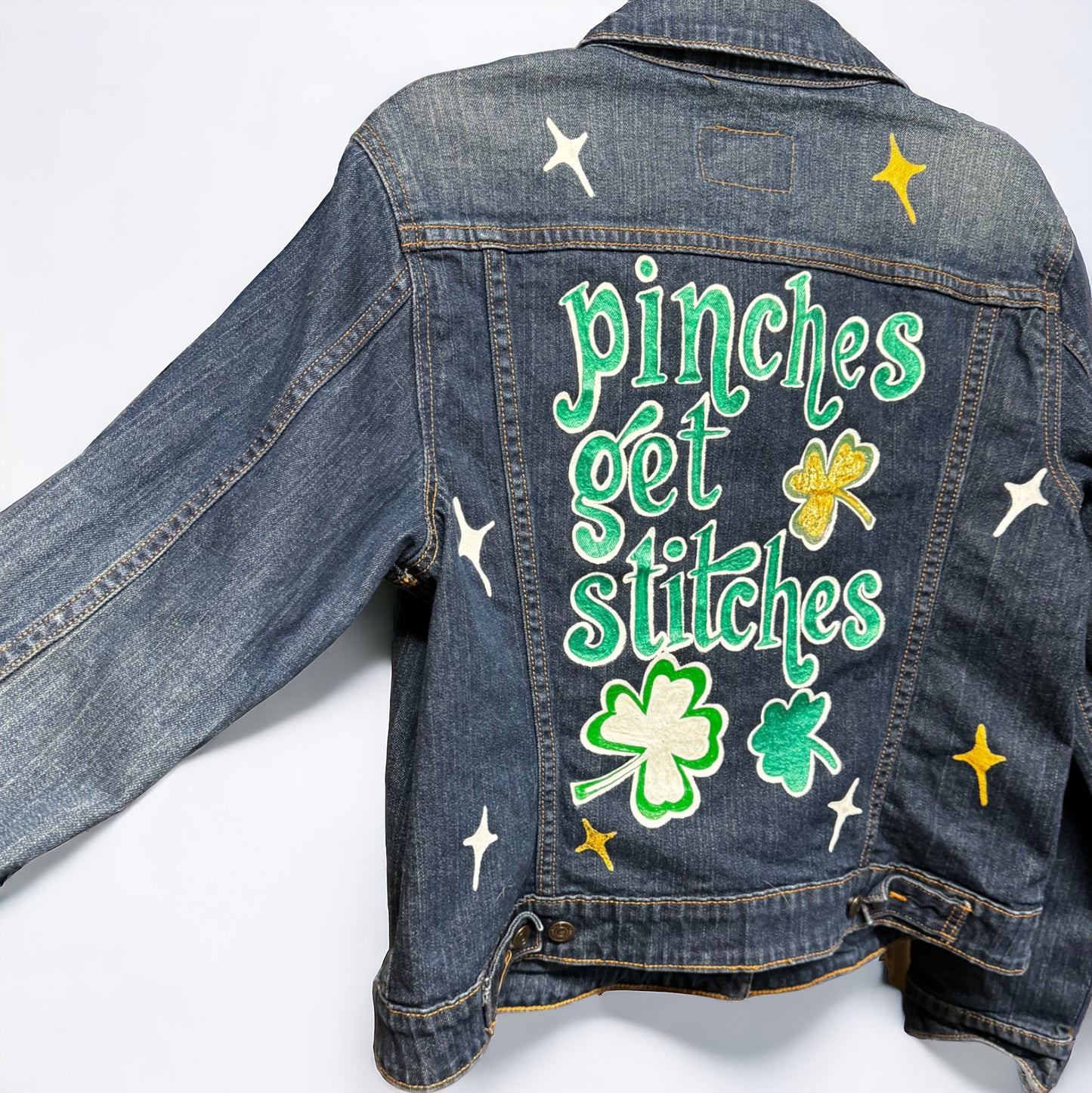 Hand Painted Jean Jacket: “Pinches Get Stitches”, St Patrick’s Day Jacket, Hand Painted, Shamrock