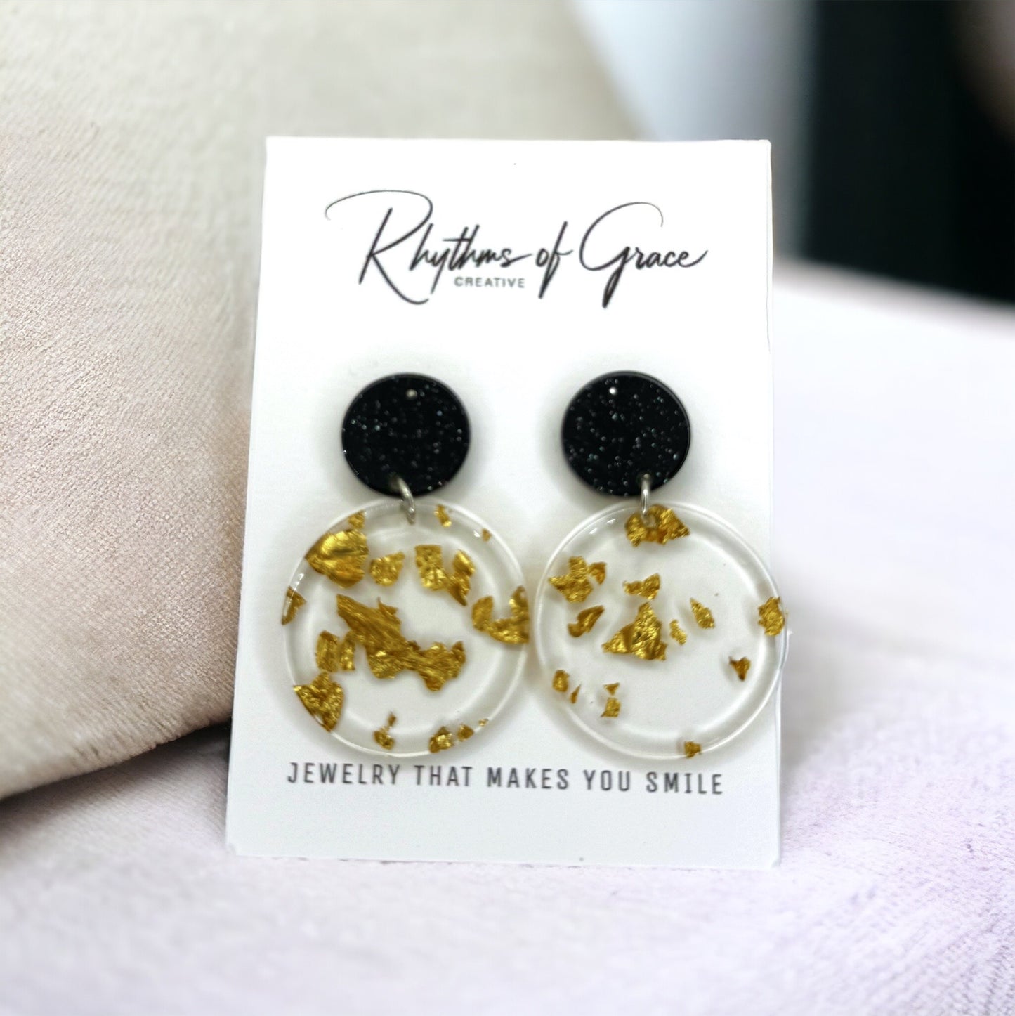 Elegant Gold and Black Acrylic Earrings with Gold Leaf Flecks - Stainless Steel Posts