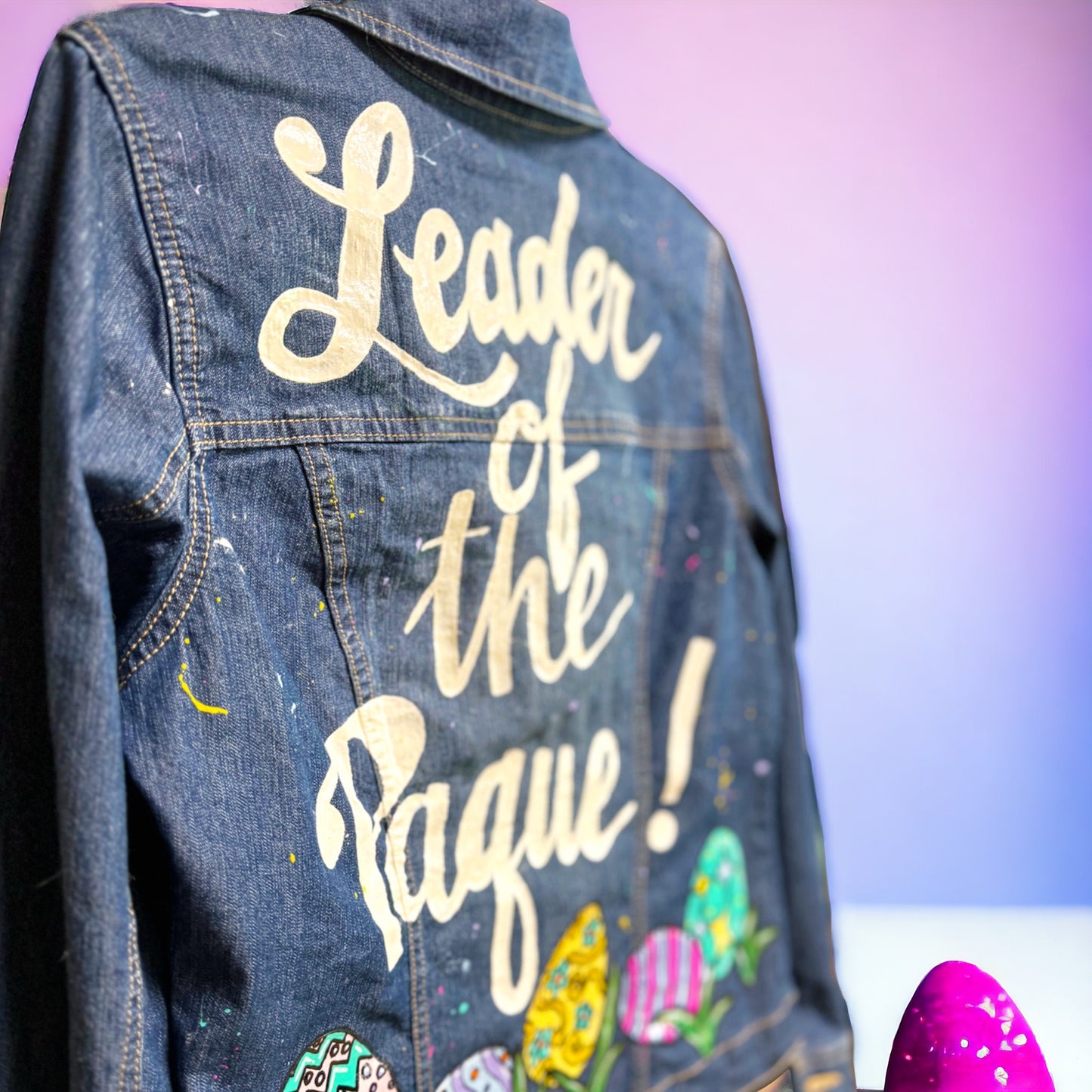 Hand Painted Jean Jacket: “Leader of the Paque”  - Cajun Jacket, Easter Jacket, New Orleans, Happy Easter, Egg Paqueing