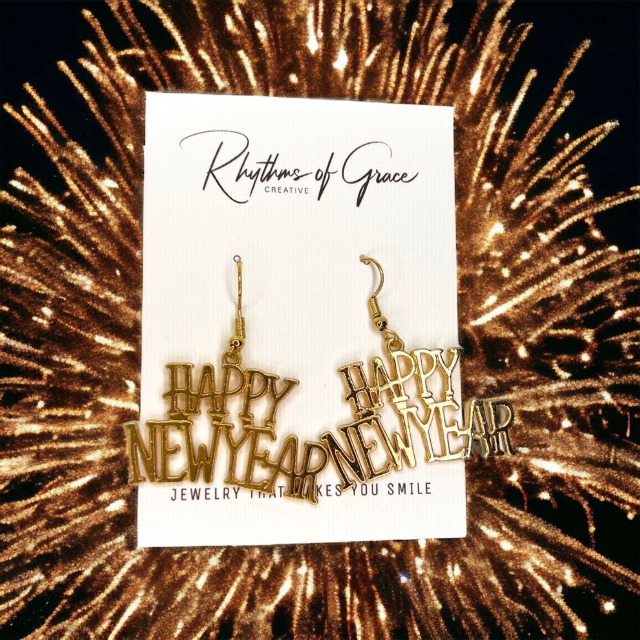 Gold Dangle Happy New Year Dangle Earrings - Celebrate in Style! - Rhythms of Grace Creative