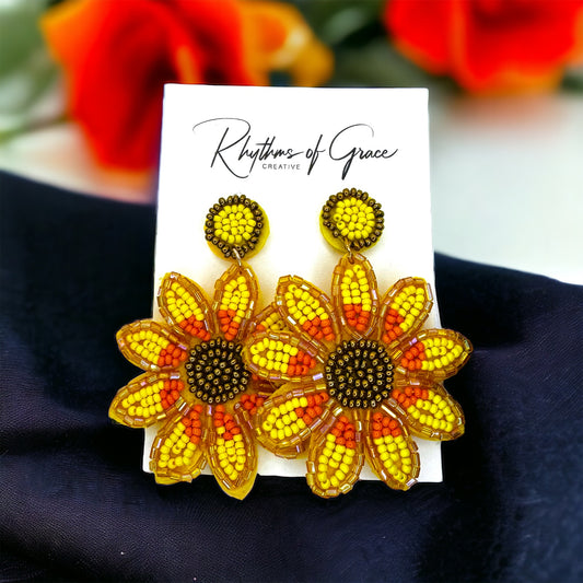 Beaded Sunflower Earrings - Beaded Accessories, Beaded Earrings, Flower Jewelry, Beaded Flower, Handmade Earrings