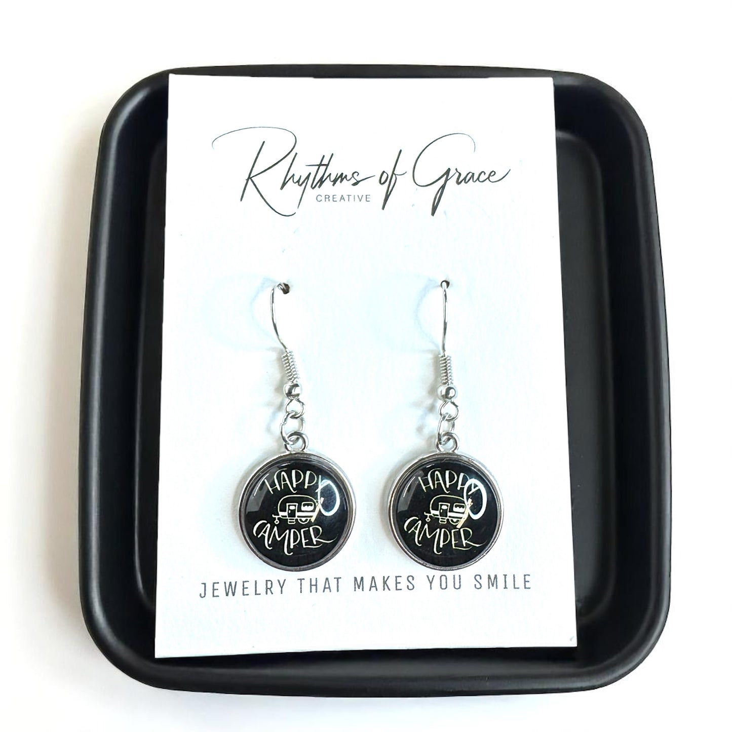 Embrace the Journey with "Happy Camper" Cabochon Dangle Earrings