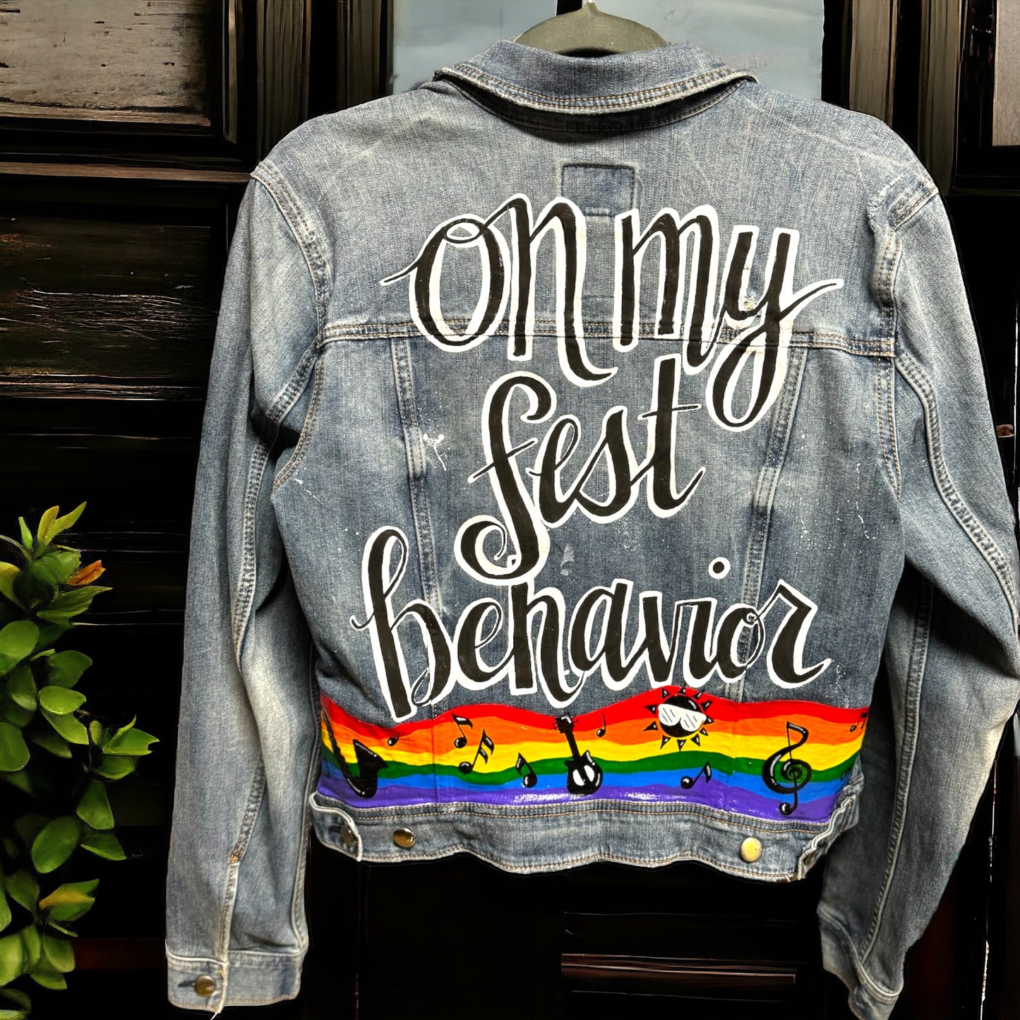 Hand Painted Jean Jacket: “On My Fest Behavior”, Jazz Fest, Festival, Hand Painted, Music Concert, Rainbow Jacket