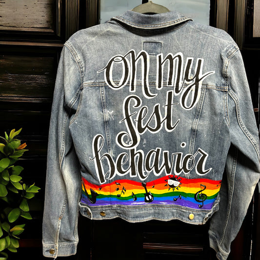 Hand Painted Jean Jacket: “On My Fest Behavior”, Jazz Fest, Festival, Hand Painted, Music Concert, Rainbow Jacket