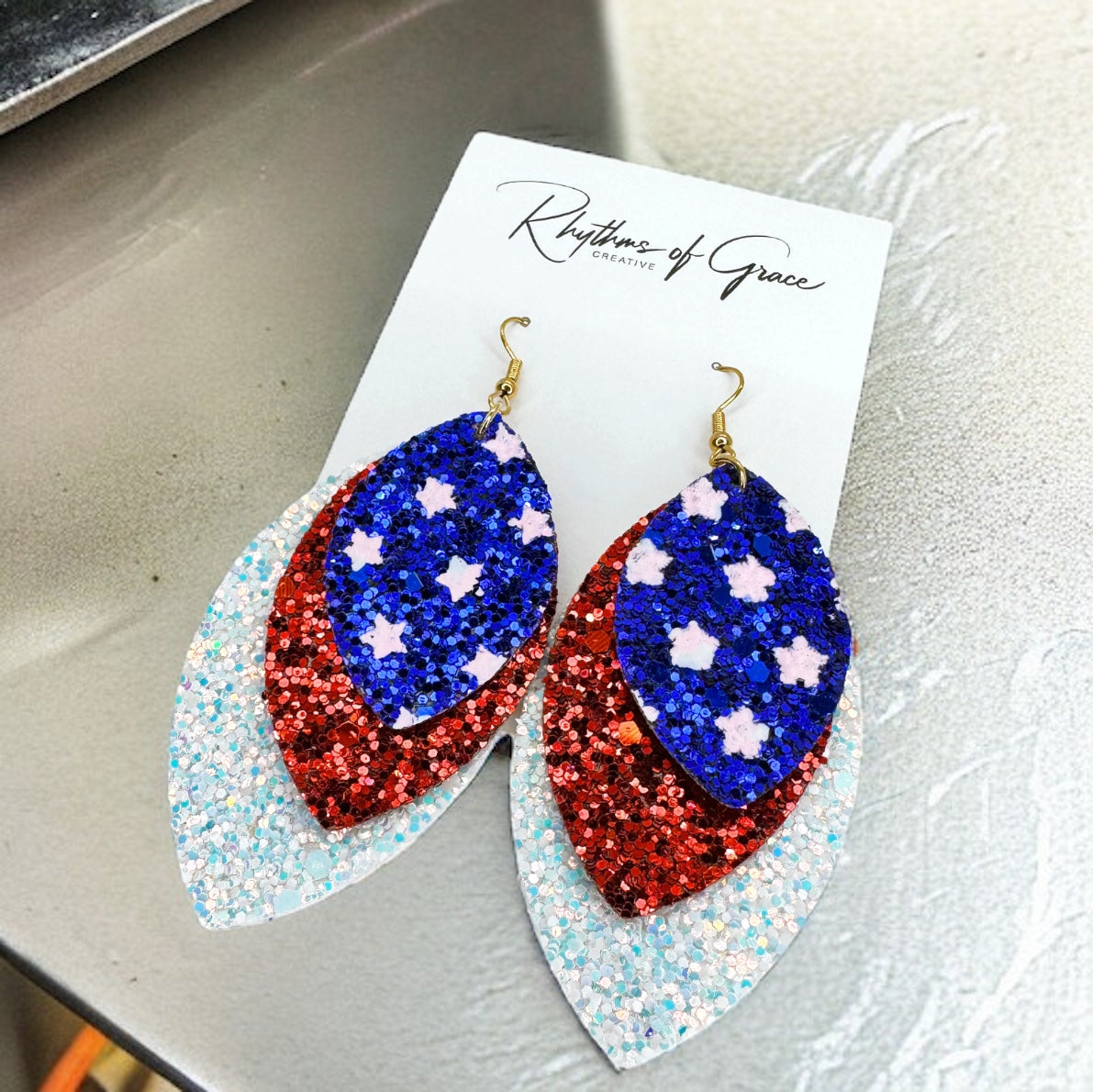 Patriotic Glitter Dangle Earrings - Triple Layer Sparkle
