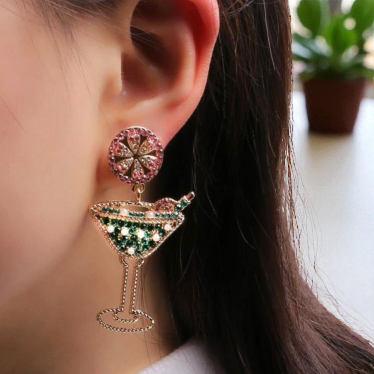 Sparkling Emerald & Pink Martini Dangle Earrings - Glamorous Statement Jewelry