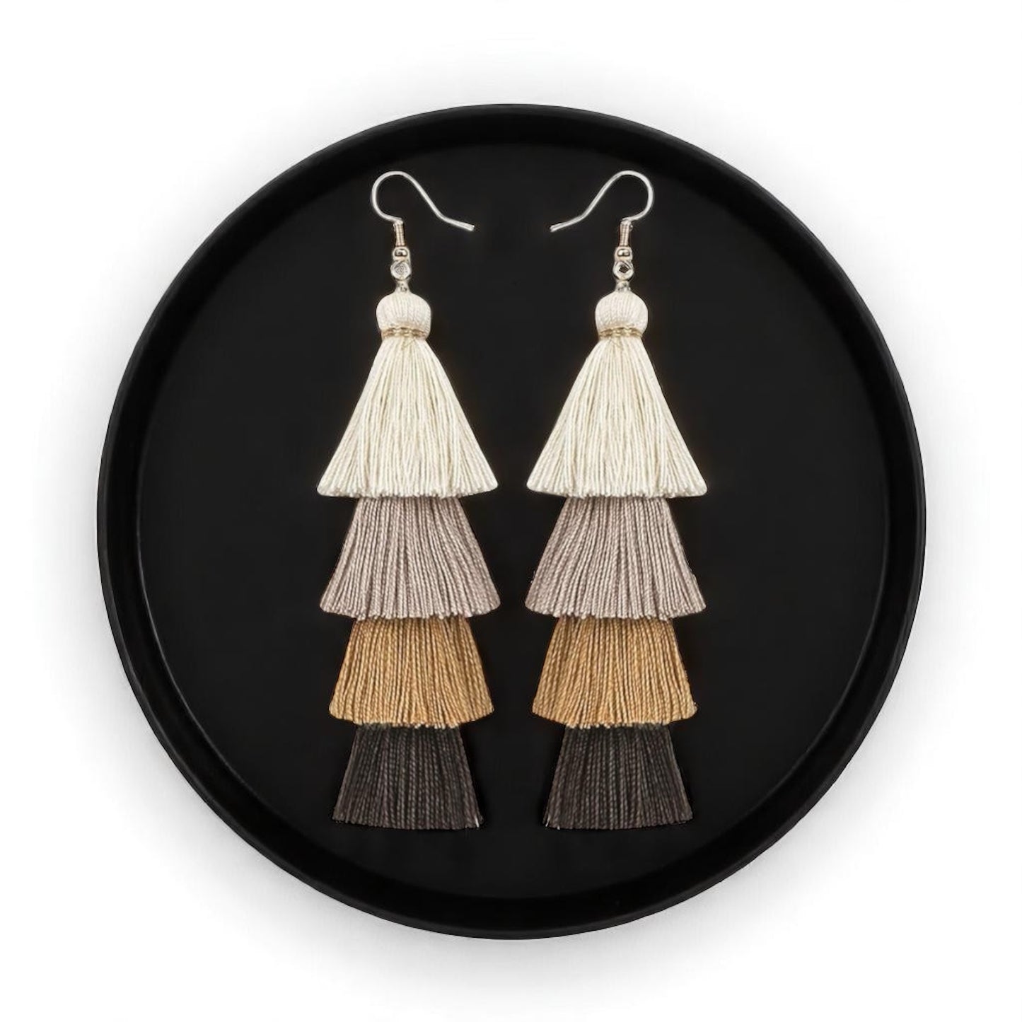 Boho Babe Alert! Tiered Tassel Earrings - Neutral Chic