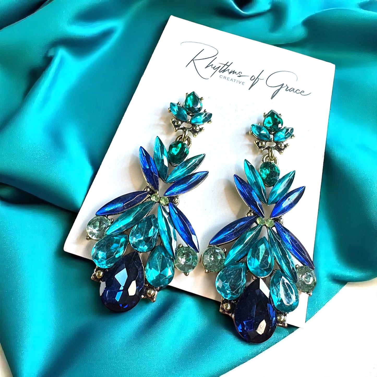 Gorgeous Blue-Green Rhinestone Dangle Earrings
