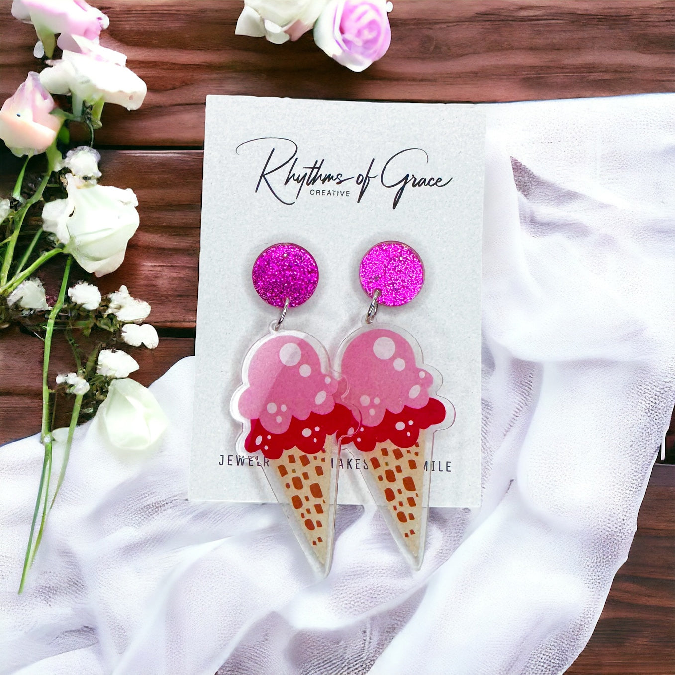 Ice Cream Earrings - Ice Cream Cone, Birthday Earrings, Handmade Jewelry, Ice Cream Jewelry, Food Earrings
