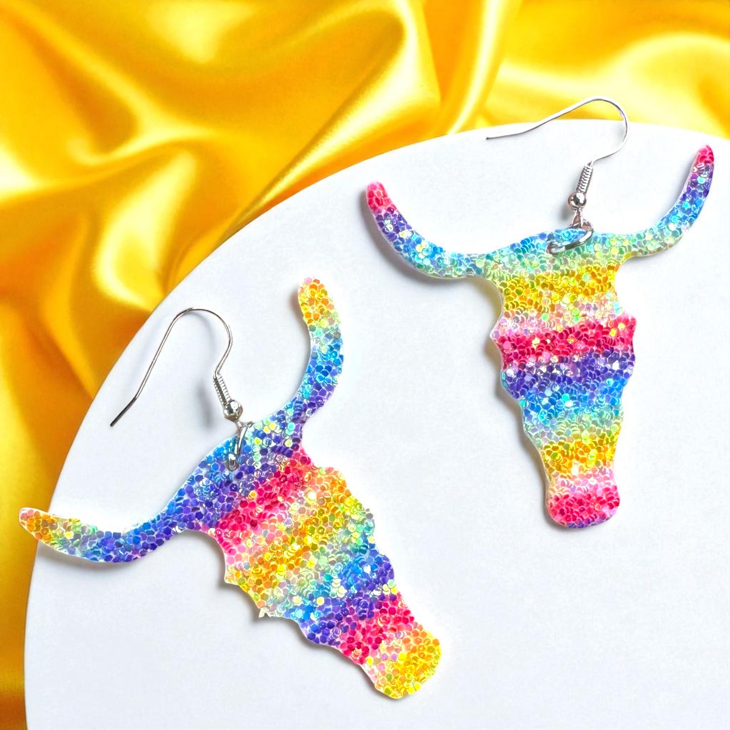 Longhorn Dangle Earrings - Sparkle with Rainbow Glitter!
