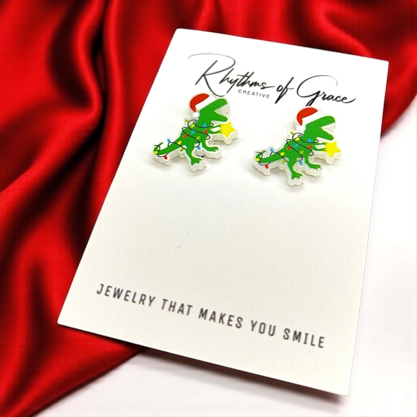 Christmas Dinosaur Earrings – Festive Dino Studs for the Holidays! 🎄🦖 - Rhythms of Grace Creative
