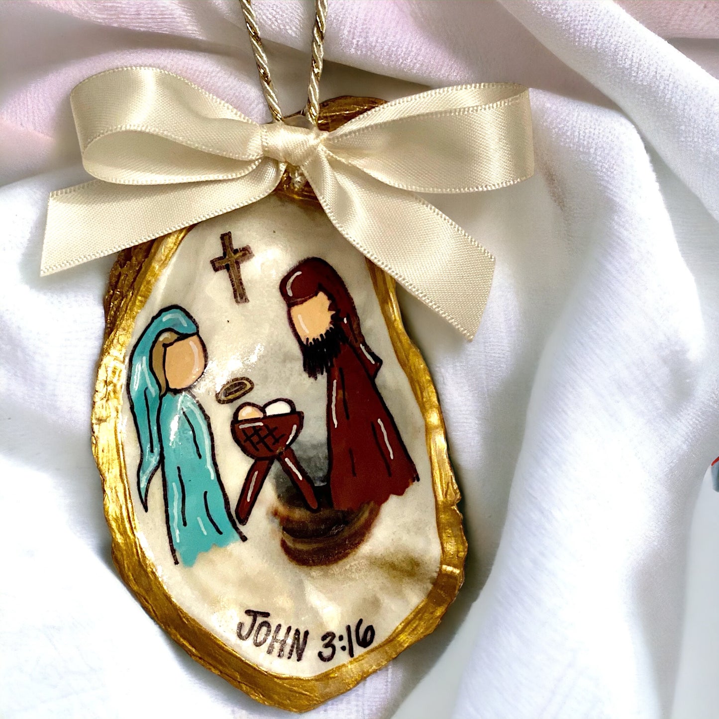 Hand-Painted Oyster Shell Christmas Ornament: "John 3:16"