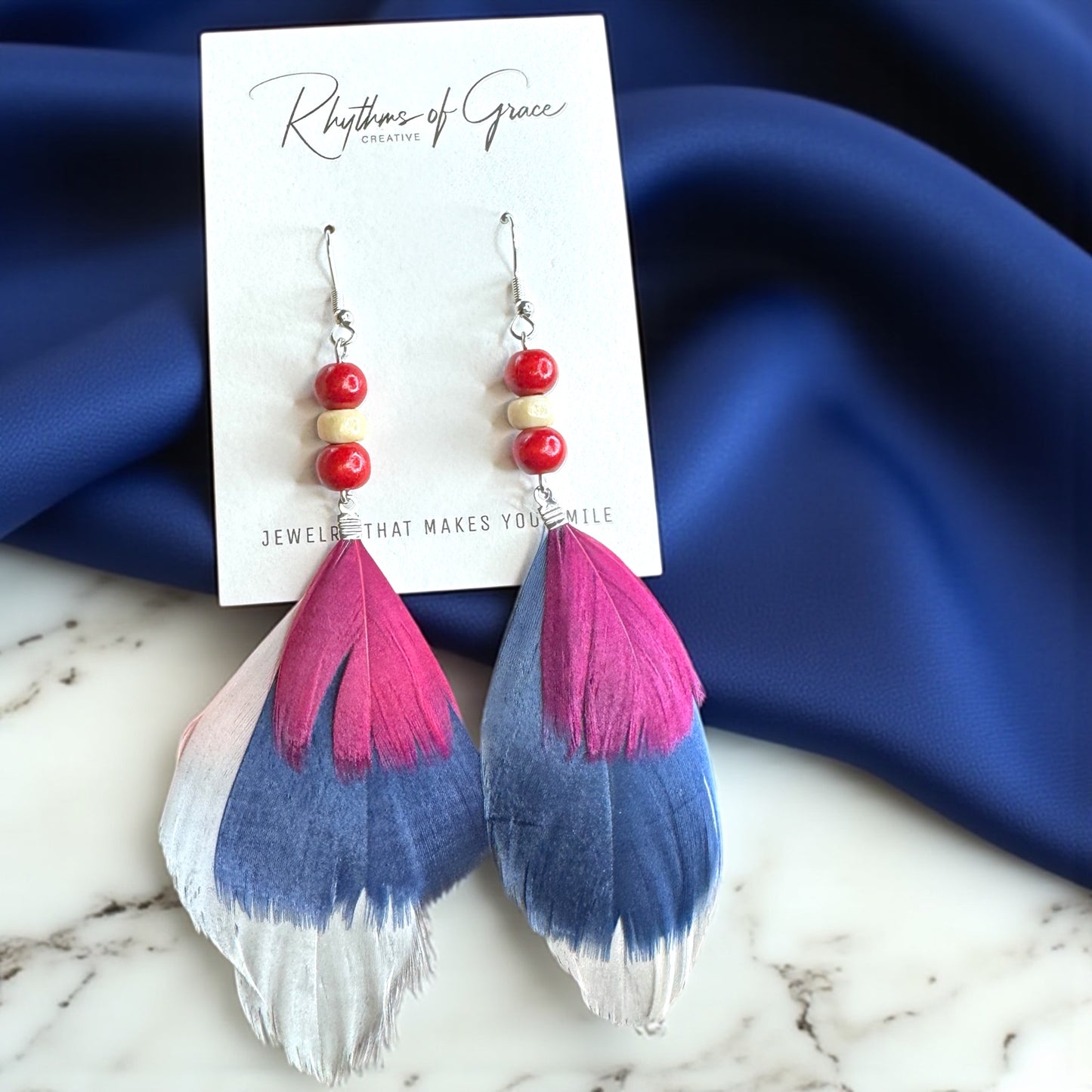 Boho Chic Red, White & Blue Feathered Dangle Earrings