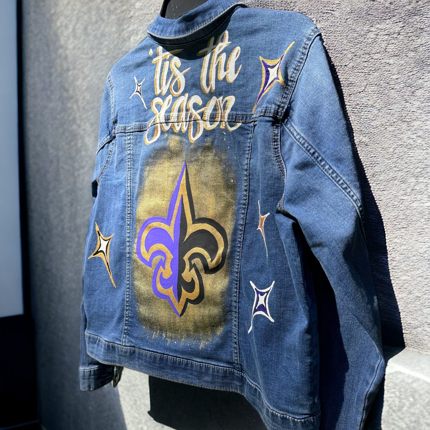 Hand-Painted Jean Jacket: ‘Tis the Season! | Perfect for LSU & Saints Fans | Fashionable Fitted Cropped Denim
