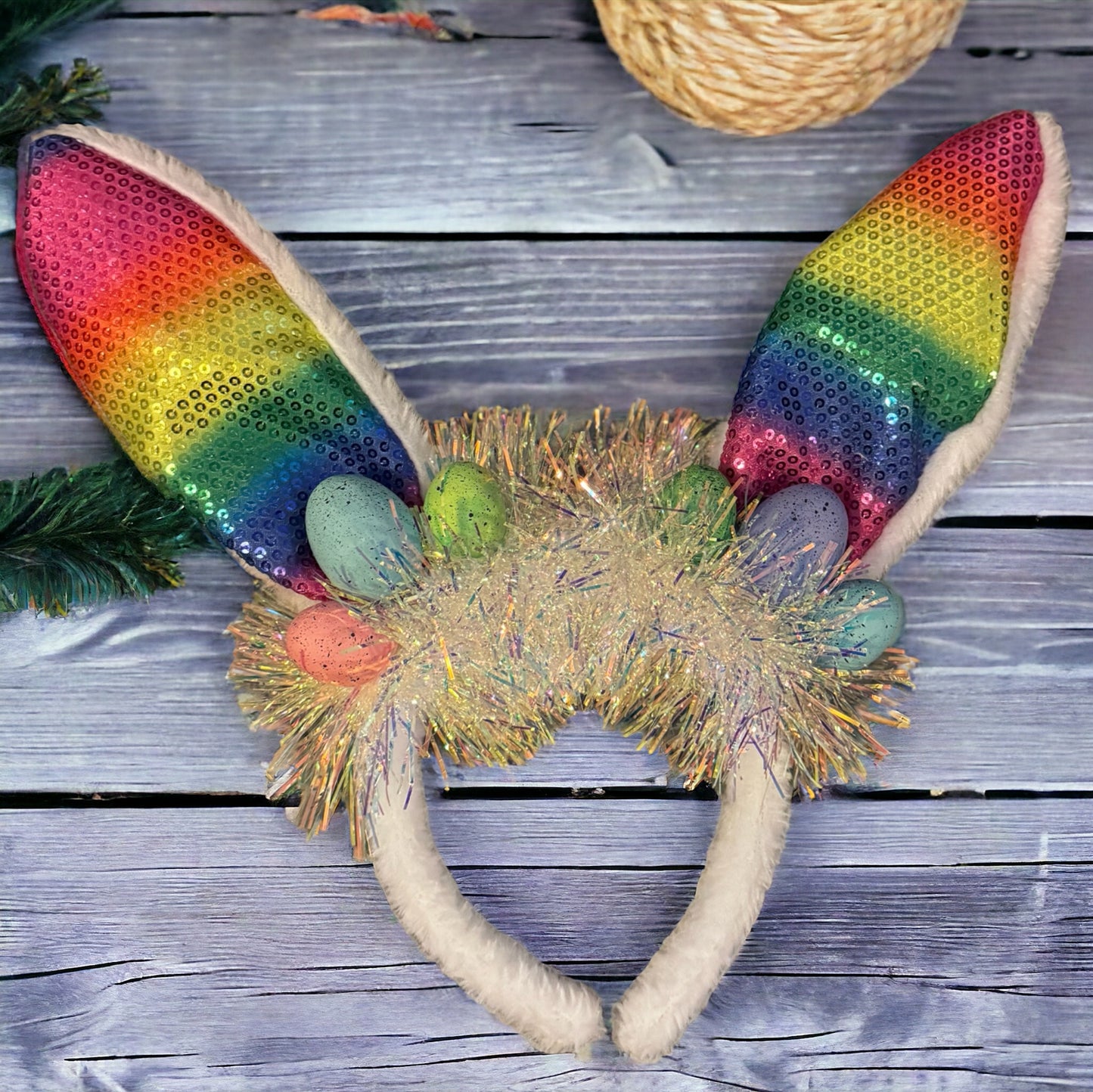 Rainbow Easter Bunny Ears - Rabbit Ears, Handmade Headpiece, Easter Headpiece, Feather Headband, Easter Headband