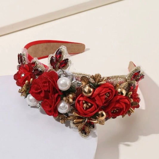 Festive Floral Headband - Handmade Headpiece, Rhinestone Headband, Holiday Headpiece, Beaded Headband - Rhythms of Grace Creative