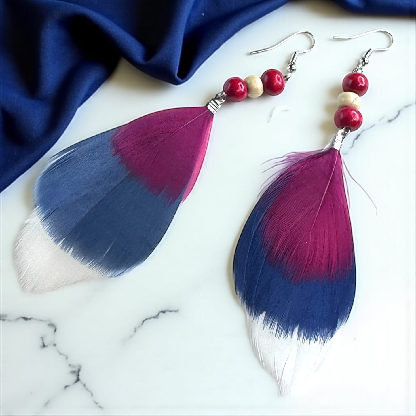 Boho Chic Red, White & Blue Feathered Dangle Earrings