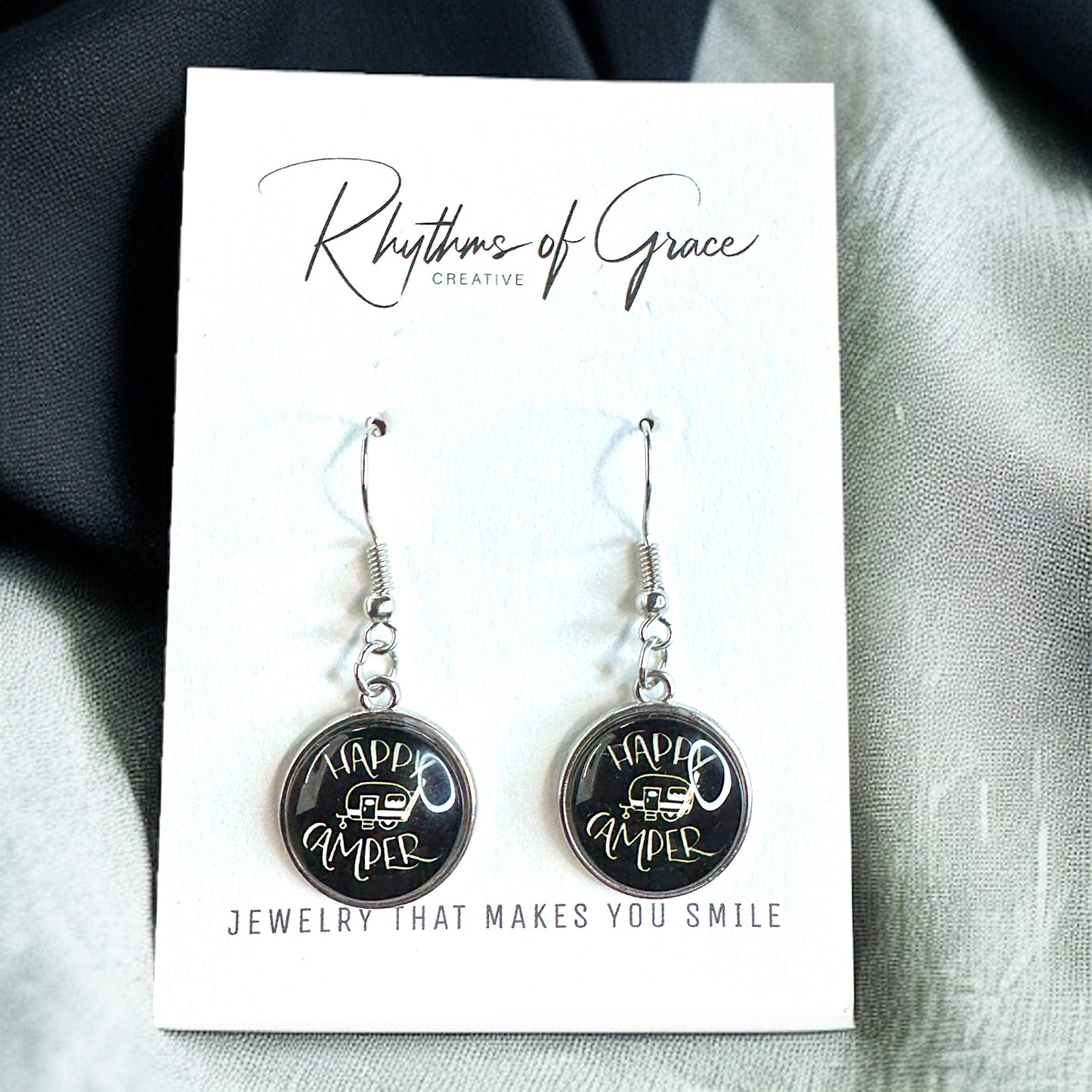 Embrace the Journey with "Happy Camper" Cabochon Dangle Earrings