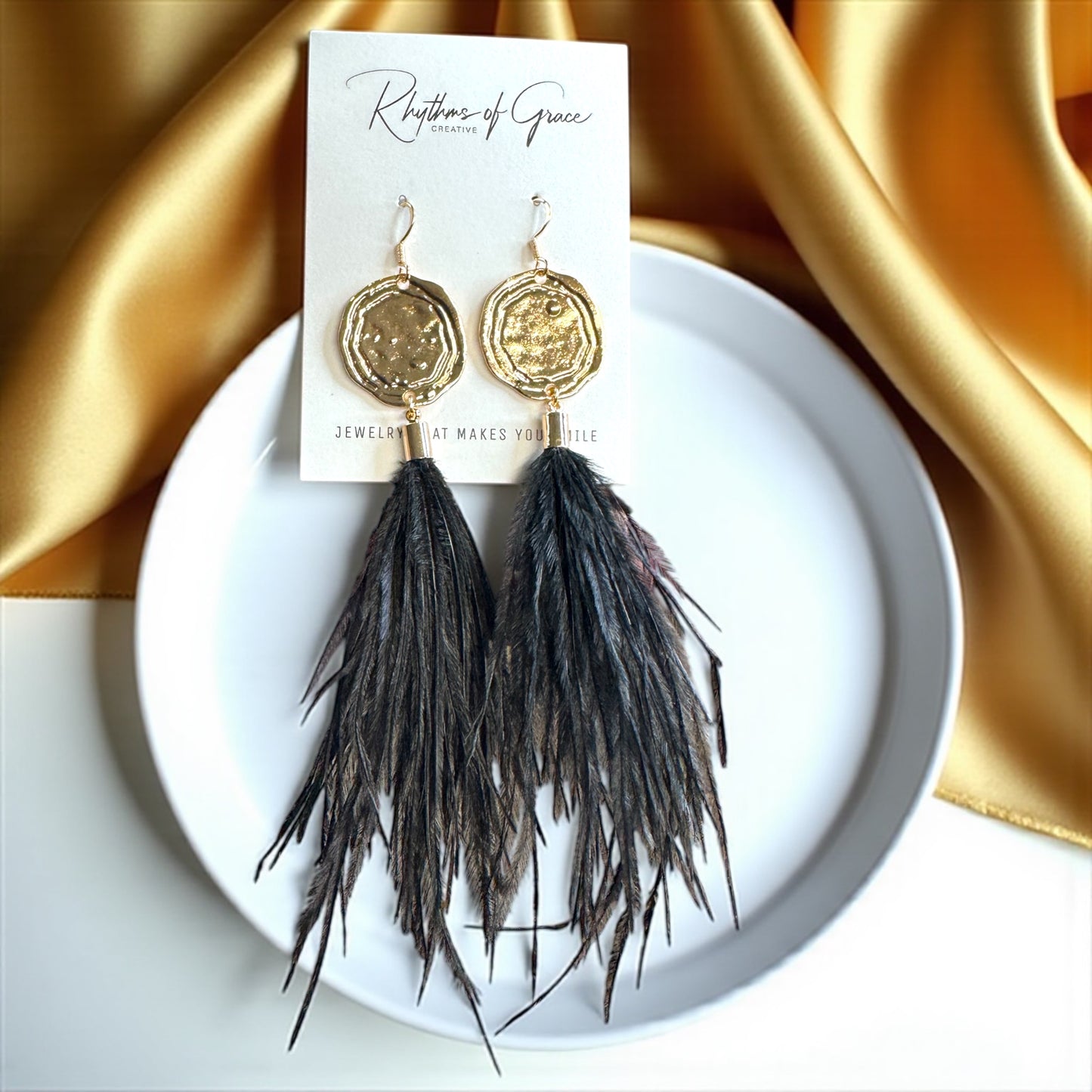 Boho Glam Vibes: Black Feather & Gold Charm Dangle Earrings – Lightweight, Bold & Beautiful!