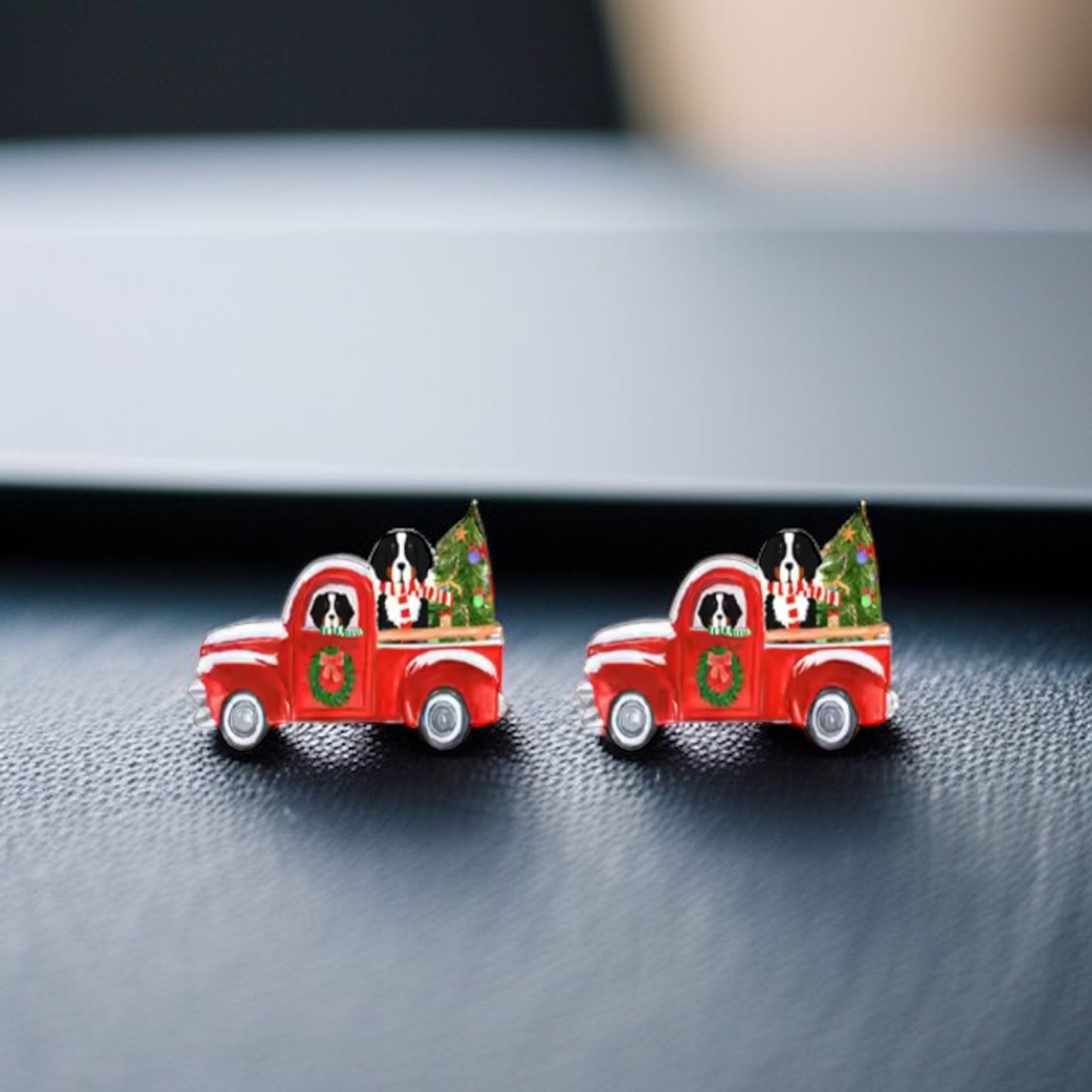 Jolly Pickup Truck Earrings: Holiday Cheer with a St. Bernard Twist!