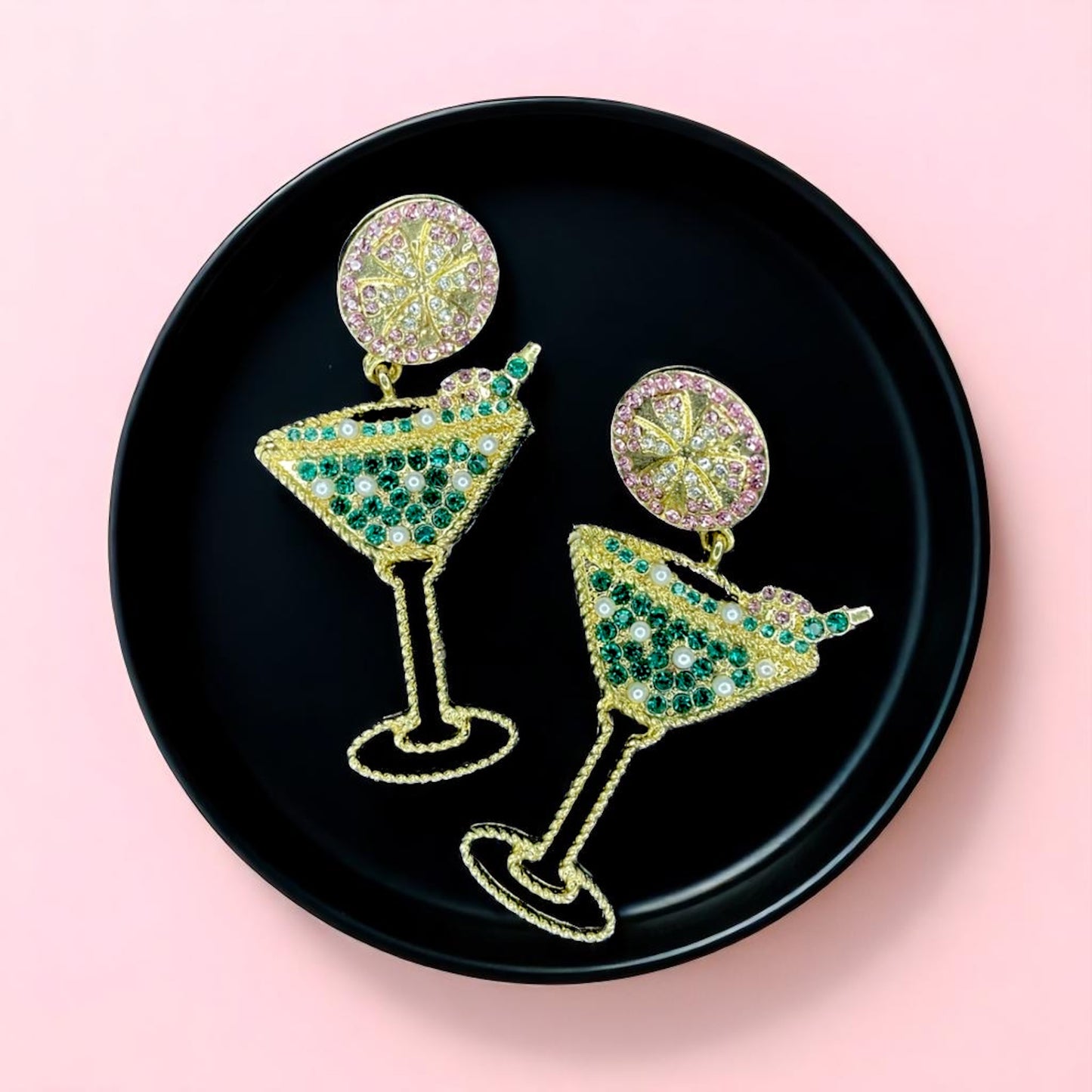 Sparkling Emerald & Pink Martini Dangle Earrings - Glamorous Statement Jewelry