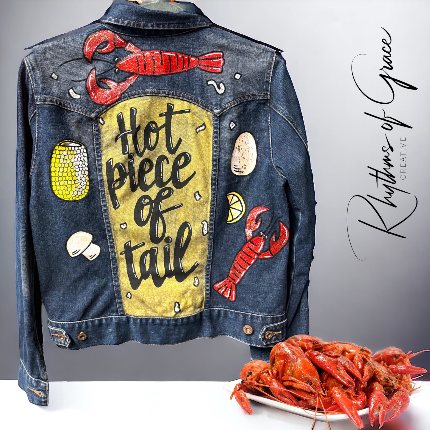 Hand Painted Jean Jacket: “Hot Piece of Tail”  - Cajun Jacket, Crawfish, Mardi Gras, Mardi Gras Jacket, New Orleans, Purple Green Gold, Mardi Gras, Parade Outfit