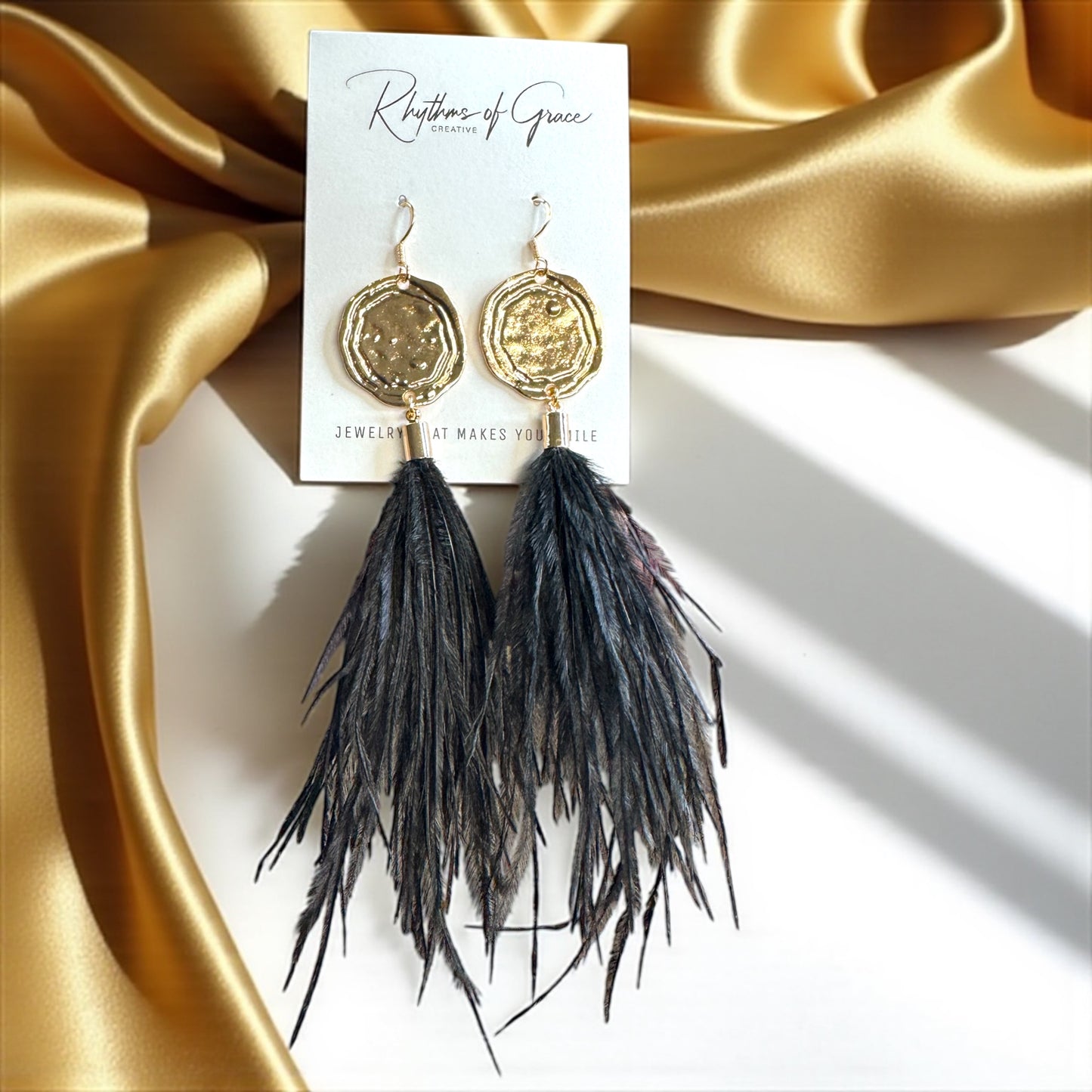 Boho Glam Vibes: Black Feather & Gold Charm Dangle Earrings – Lightweight, Bold & Beautiful!