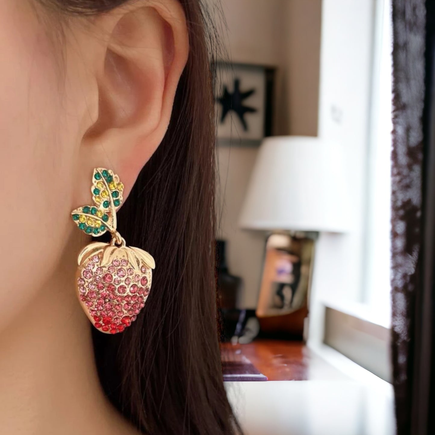 Rhinestone Stawberry Earrings - Food Earrings, Strawberry Accessories, Handmade Earrings, Summertime Accessories