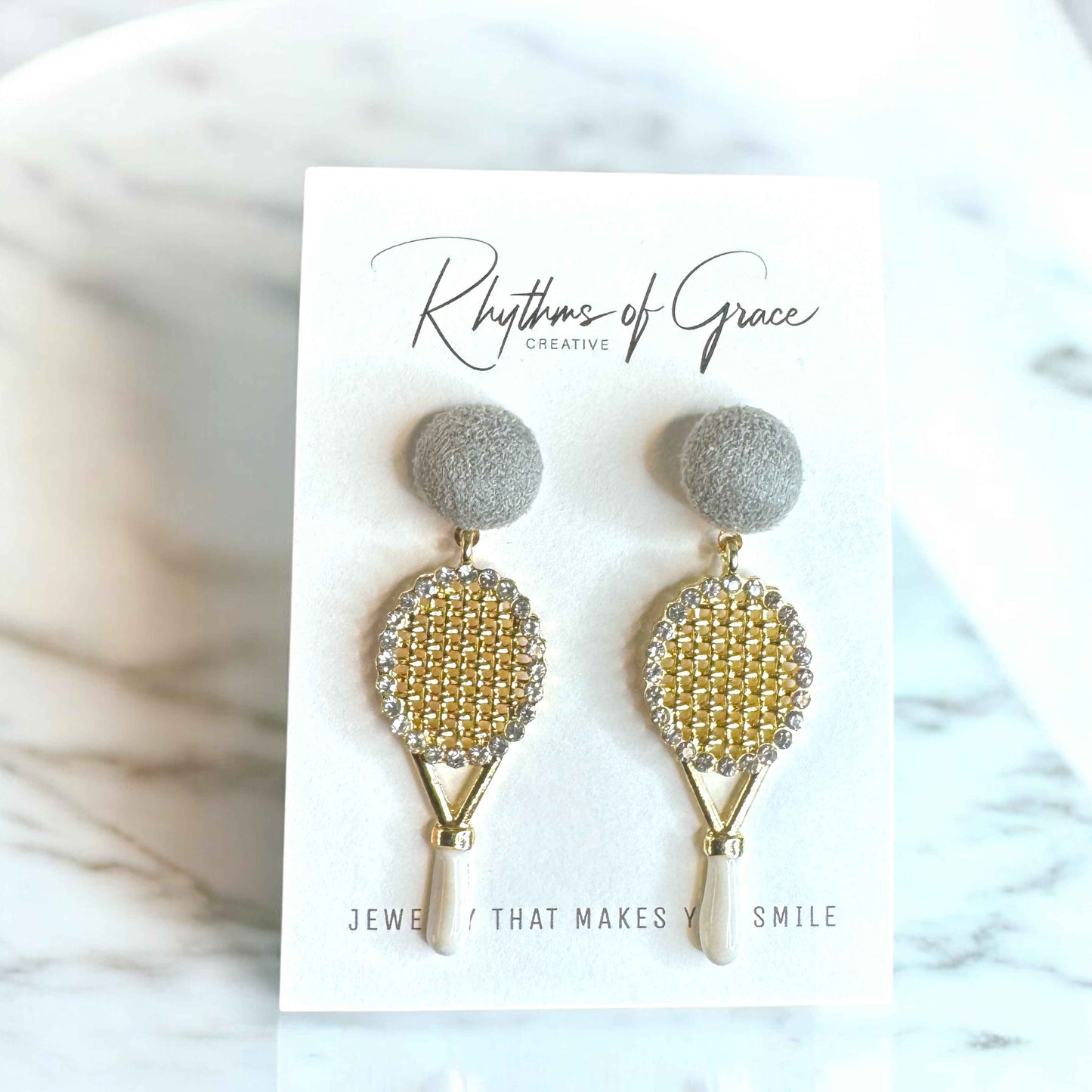 Sparkle on the Court with Our Rhinestone Tennis Racket Dangle Earrings! 🎾