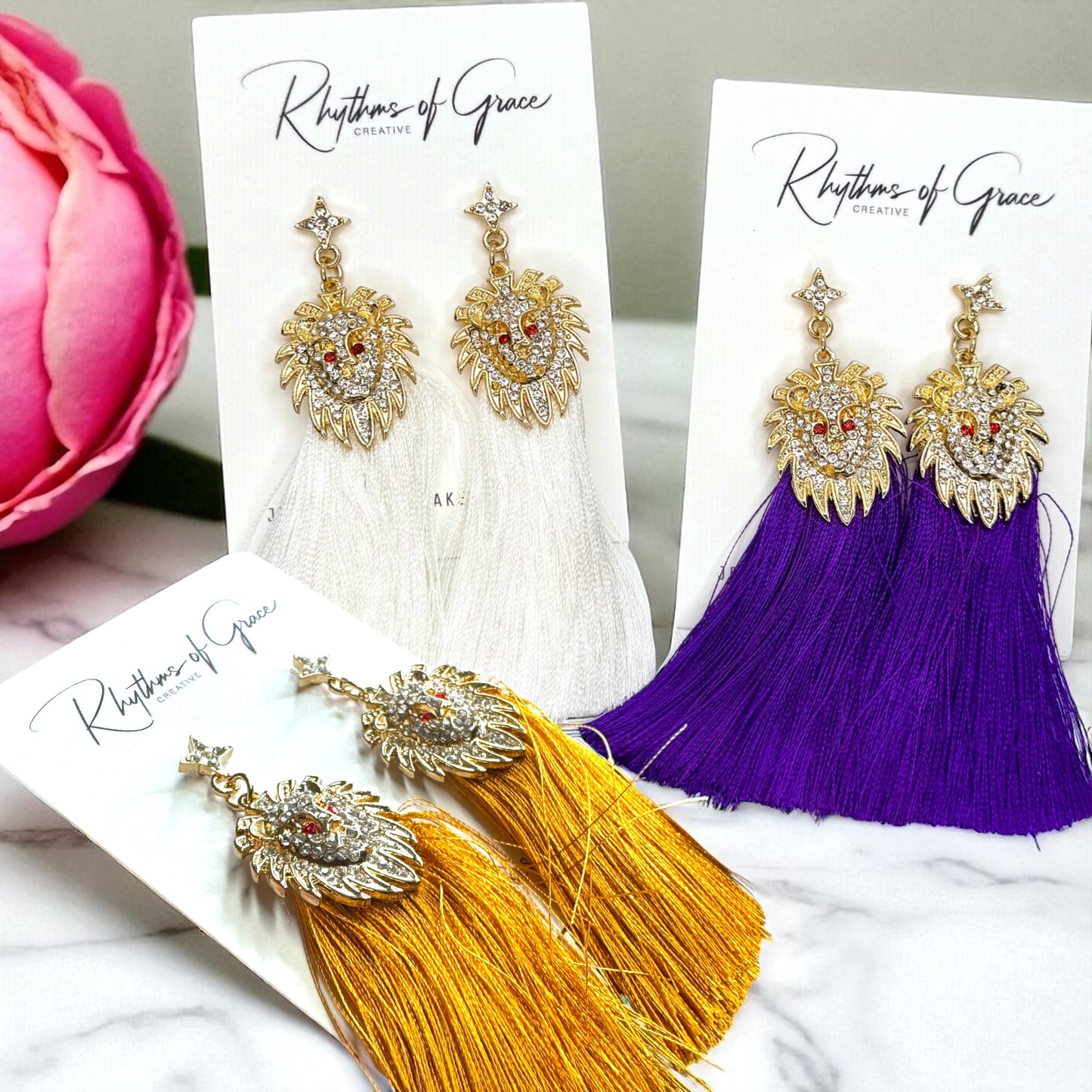 Rhinestone Lion Tassel Dangle Earrings - Available in Three Colors!